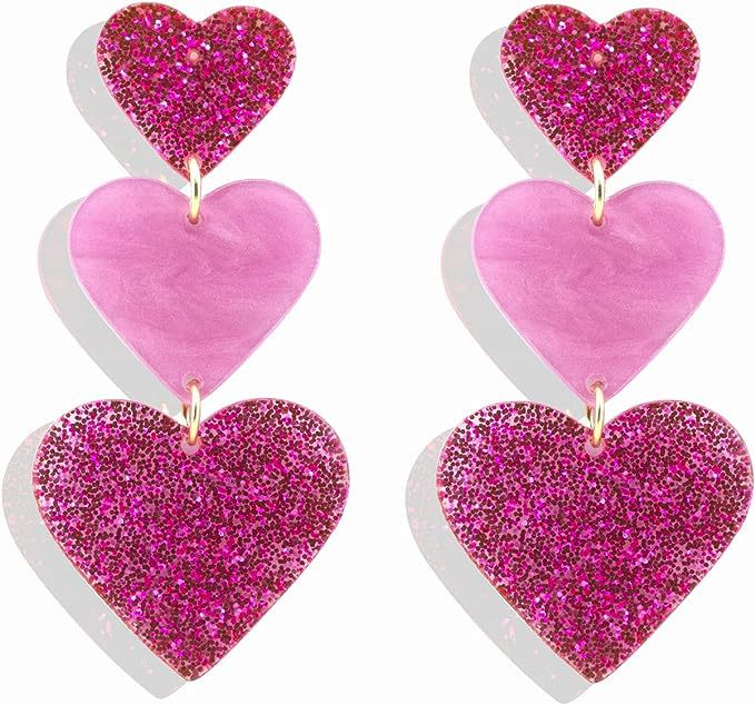 Acrylic Heart Drop Earrings - Dark Pink