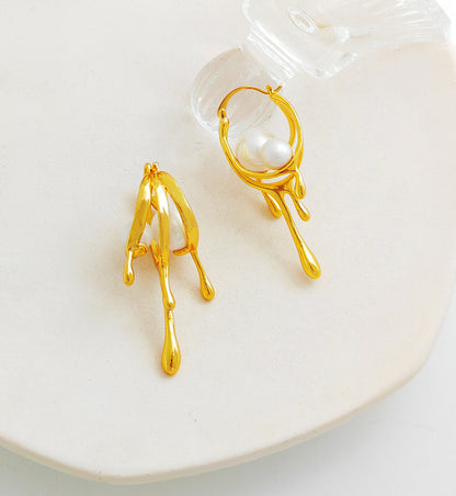 Melt Gold Pearls Big Hoops