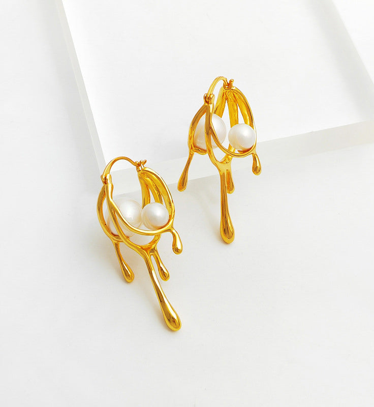 Melt Gold Pearls Big Hoops