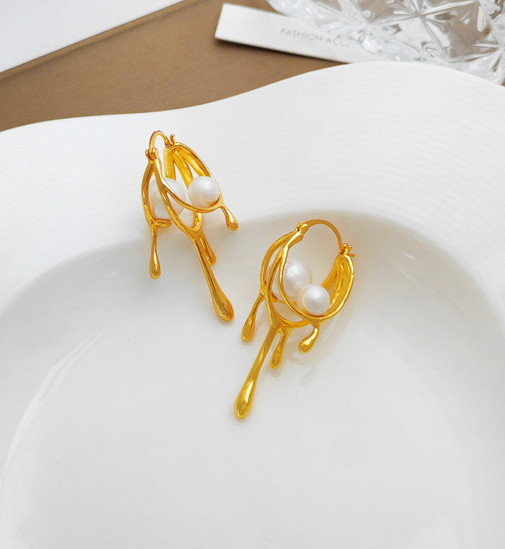 Melt Gold Pearls Big Hoops